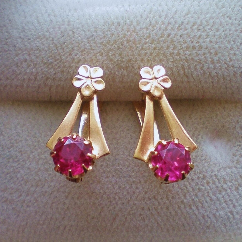 Vintage Russian Russia Soviet USSR Solid 14K 583 Rose Pink Gold Ruby EARRINGS